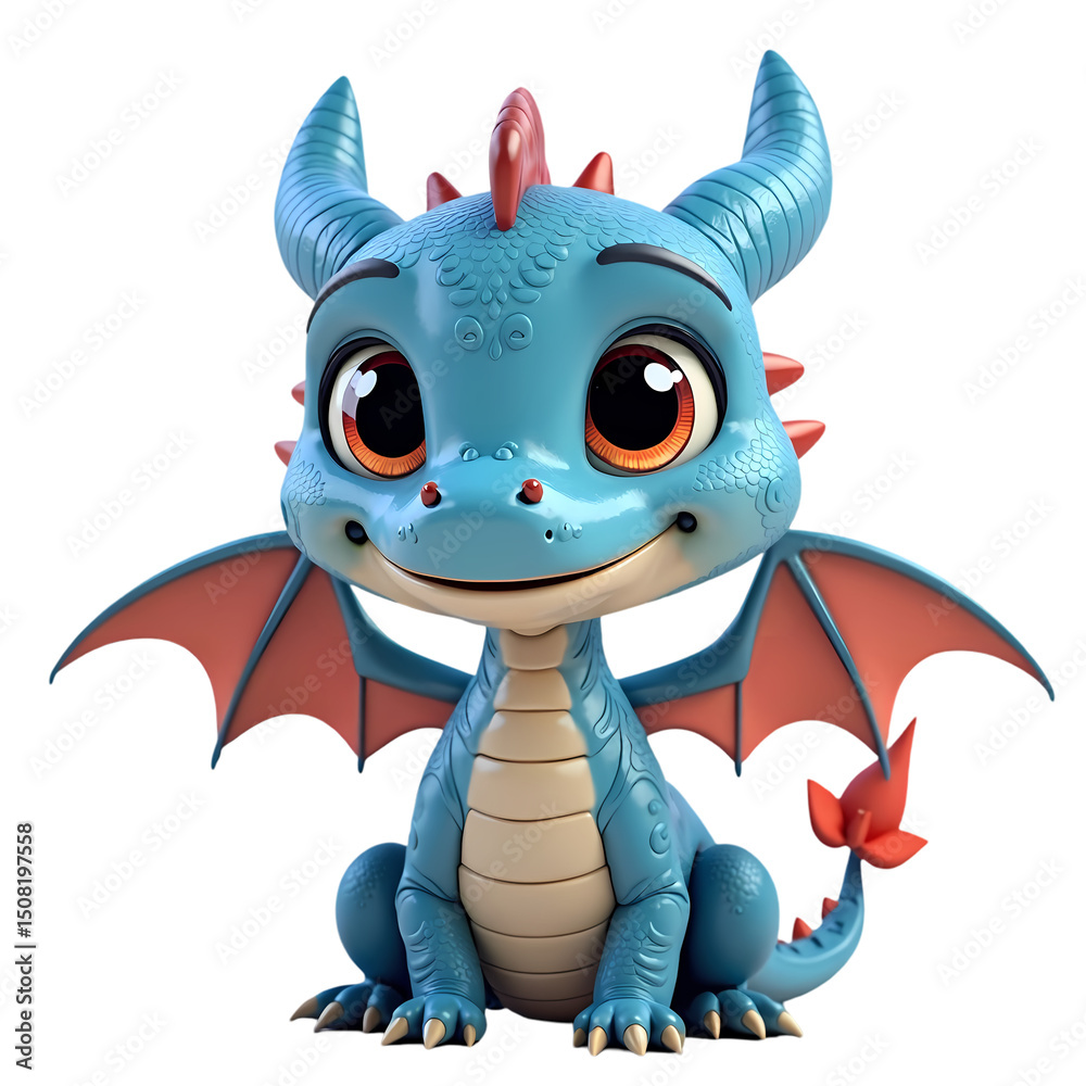 Fototapeta premium A cute blue cartoon dragon with orange eyes and wings sitting on a black background looking forward