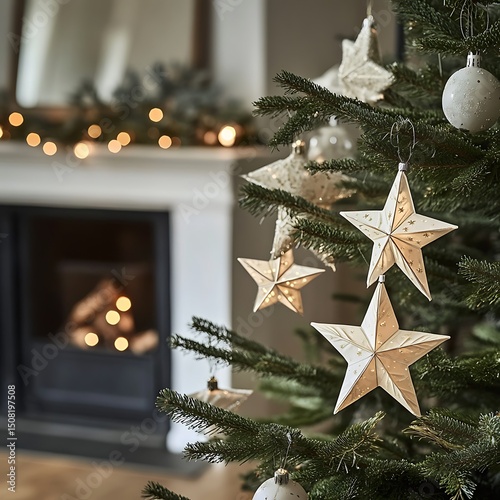 Decorative star ornaments adorn a christmas tree.