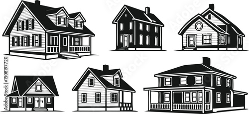 various home silhouettes and residential building icons with different architectural house designs

