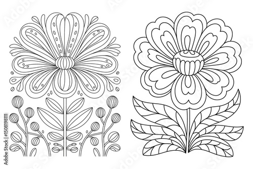 Two ornate floral designs line art isolated on white background
