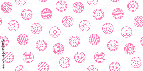 Sweet Pink Donut Outline Seamless Pattern - Seamless Vector Background for Bakery, Cafe, and Dessert Shop Designs