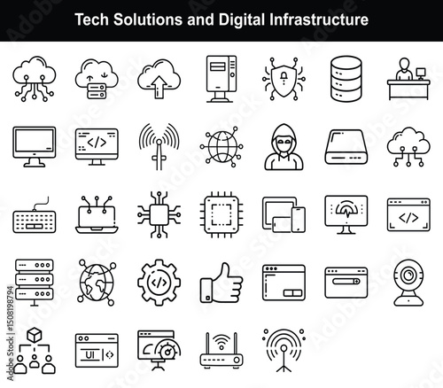 Tech Solutions & Digital Infrastructure Icons – Cloud, Coding, Network, Server, UI, Cybersecurity, Data Center Set