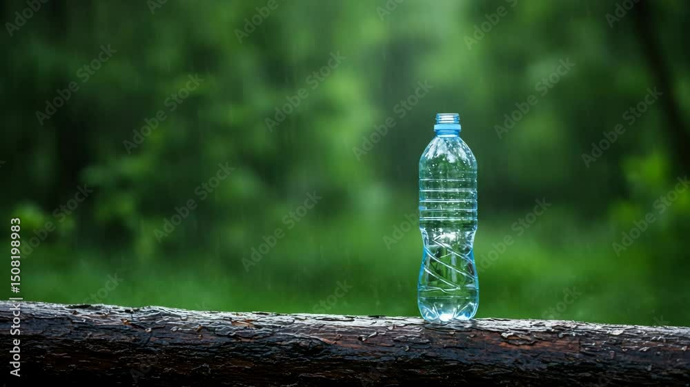 Plastic water bottle resting on a log in a lush green forest  
