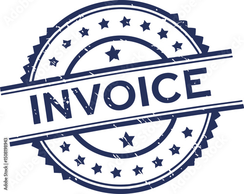 invoice blue rubber stamp seal with stars border and ribbon banner design element
