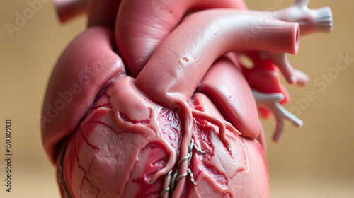 Detailed close-up of a human heart anatomical model for medical education use