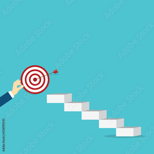 Goal, motivation to success. Climb up stairs to reach goal target on the top.