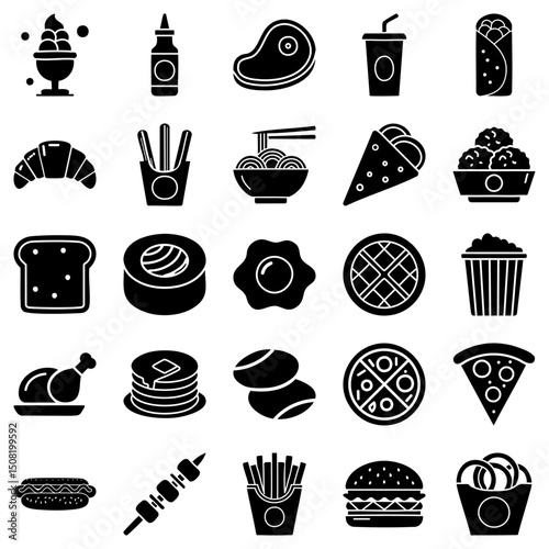 Icon set featuring variety of fast food items in solid black or glyph style. Delicious burger, fries, pizza, sweets, and soda drinks vector illustration.