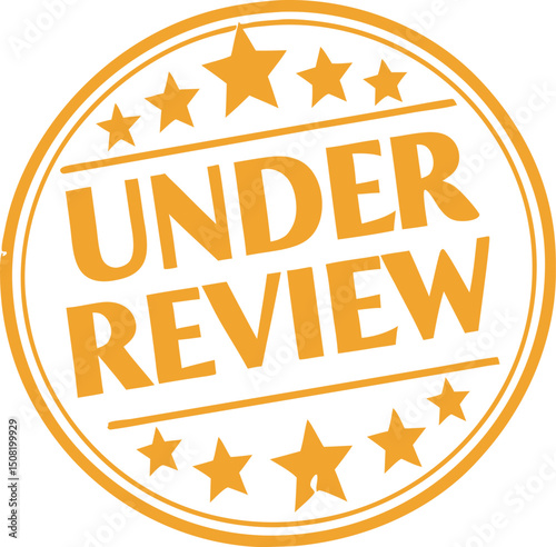 pending review status badge with jagged circular frame and decorative star pattern design
