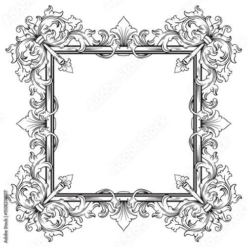 black and white vintage baroque frame with ornament engraving illustration
