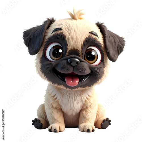 A cartoon pug with big eyes and a happy expression sitting down with its tongue sticking out slightly