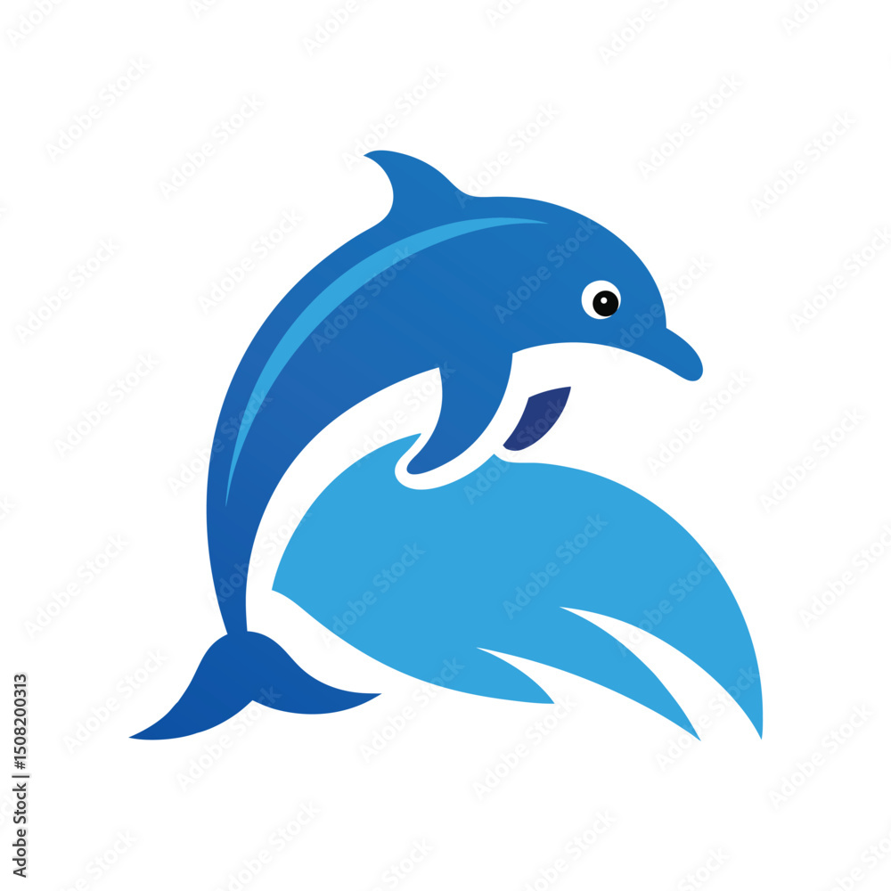 Fototapeta premium Cartoon illustration of a playful dolphin leaping through ocean waves in a simple design