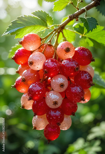 Close-up of fresh ripe red and white currants with water droplets on a vine against a green background