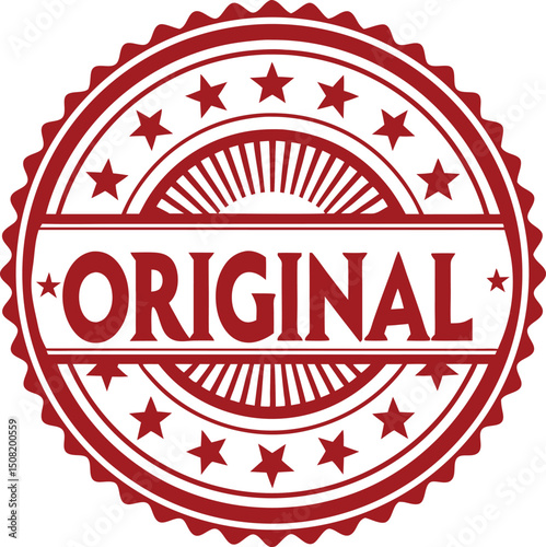 Red circular stamp, Original text, Distressed texture, Seal design, Vintage style, Authenticity mark