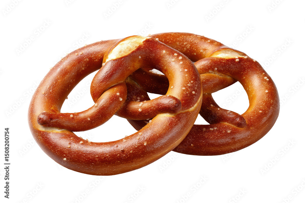 Fototapeta premium Two freshly baked salted pretzels on black background, cut out