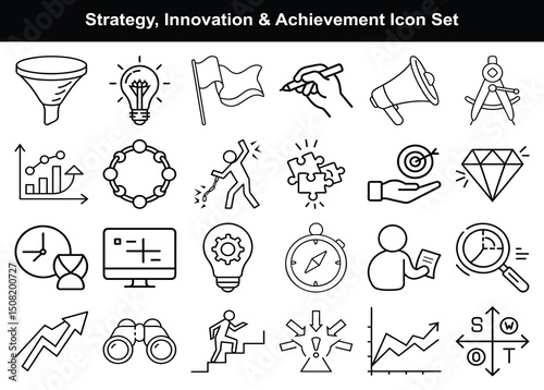 Strategy, Innovation & Achievement Icons – Goal, Planning, Progress, Target, Success Vector Line Icons