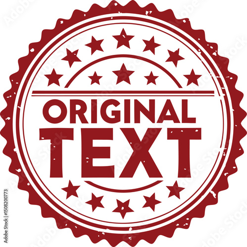 Red circular stamp, Original text, Distressed texture, Seal design, Vintage style, Authenticity mark