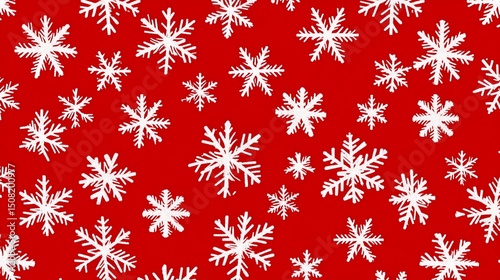 Festive winter snowflake pattern on a red background.