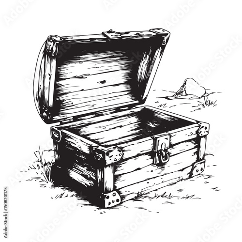 Vintage Wooden Treasure Chest Silhouette Vector Art Illustration, Antique treasure chest with lock for storing valuables and securing possessions