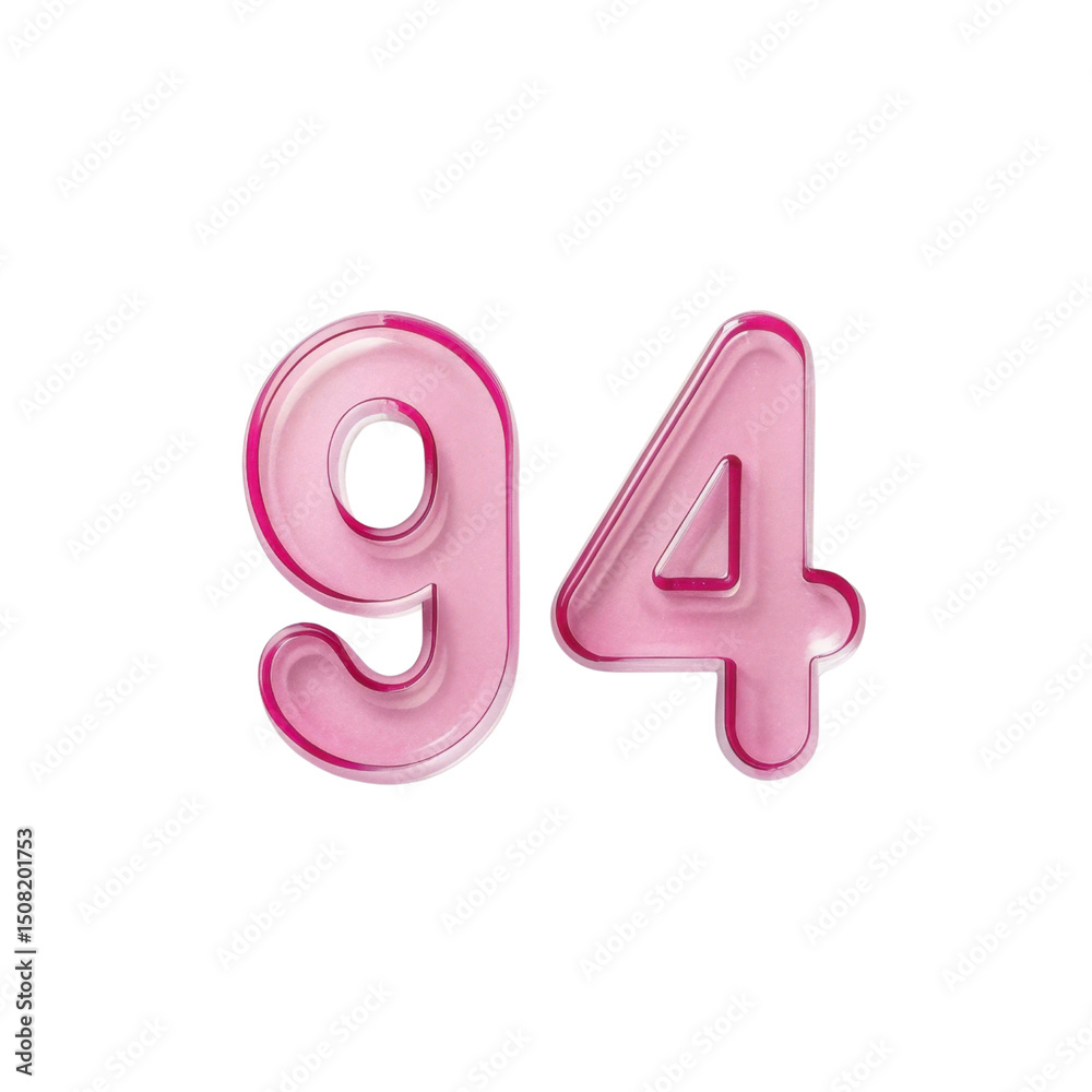 Bright pink transparent numbers 9 and 4 displayed on a white surface, showcasing playful design elements Bright pink transparent numbers 9 and 4 displayed on a white surface, showcasing playful design elements