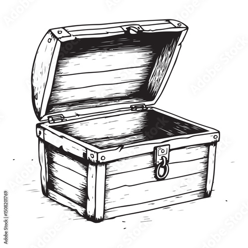Vintage Wooden Treasure Chest Silhouette Vector Art Illustration, Antique treasure chest with lock for storing valuables and securing possessions