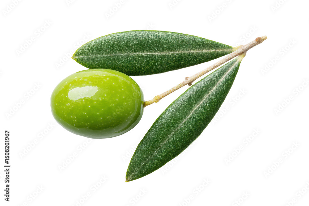 Obraz premium Fresh green olive with leaves on black background, cut out