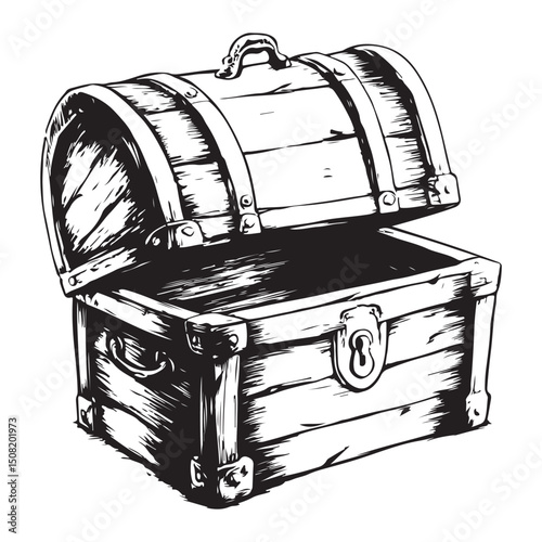 Vintage Wooden Treasure Chest Silhouette Vector Art Illustration, Antique treasure chest with lock for storing valuables and securing possessions