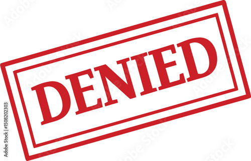 Red rubber stamp, DENIED text, bold capital letters, grunge texture