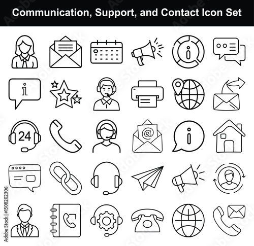 Communication, Customer Support & Contact Icons – Line Style Helpline, Message, and Info Vector Set