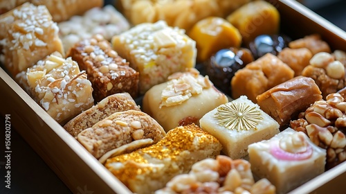 Assortment of colorful and delicious miniature sweets in a wooden box.