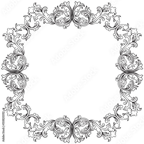 black and white vintage baroque frame with ornament engraving illustration