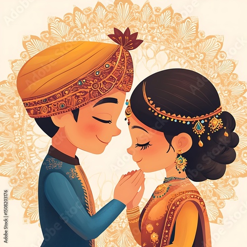 A stylized illustration of a couple in traditional Indian wedding attire.