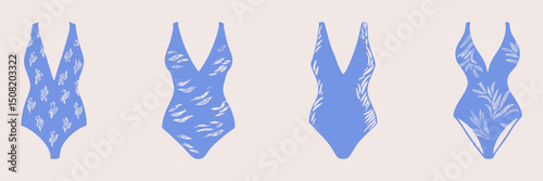 Blue Swimsuit Silhouette Set. Fashionable Swimwear With Floral Patterns For Summer Beachwear. Isolated Vector Illustration Collection