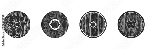 Viking Wooden Shields Silhouette Set. Historical Warfare And Defense Tools Isolated Vector Illustration Collection
