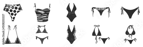 Swimwear Fashion Silhouette Set. Diverse Bikini And Swimsuit Styles For Summer Beachwear. Isolated Vector Illustration Collection
