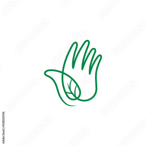Hand logo with green leaf simple lines