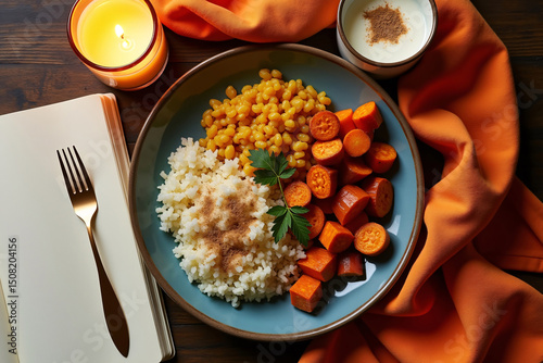 Flat lay of warming luteal phase meal with khichdi, roasted root vegetables, warm nutmeg milk, candle, orange fabric, journal, and space left for copy or branding elements photo