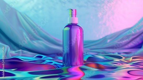 Body lotion bottle mockup gently spinning in midair suspended over a weightless pool of iridescent liquid silk reflecting dreamlike neon hues