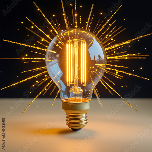 A bright, glowing light bulb on a dark background symbolizes innovation, energy, and a powerful idea