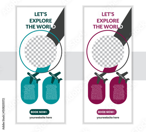 Modern travel business standee rollup banner design vector template. Standard roll up x-banner, holiday x-stand banner. Company tours vacation exhibition standee design banner.