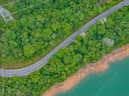 Winding mountain road by a green forest lake