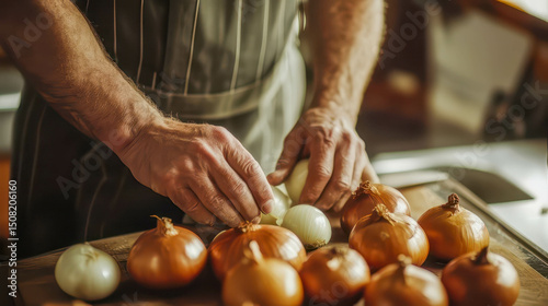 Man with light skin and short hair prepares onions on a wooden cutting board in a kitchen. The scene highlights cooking and food preparation. photo