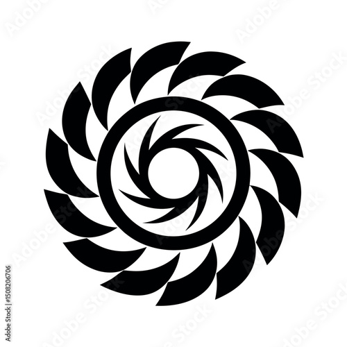 abstract spiral pattern, black and white, geometric design, rotating blades, vortex shape, silhouette vector illustration