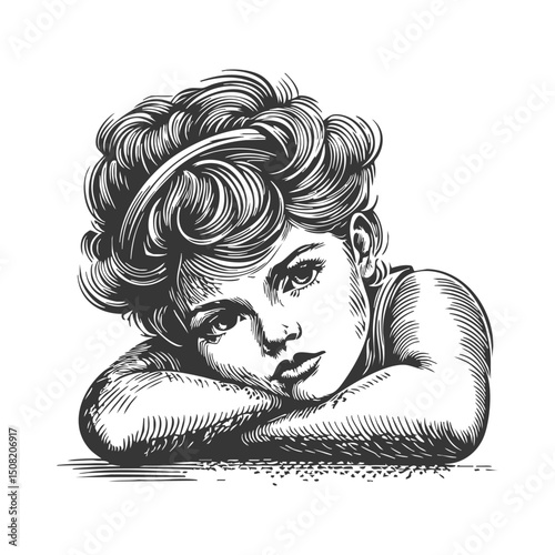 Pensive Child Resting Head On Arms Black And White Silhouette Illustration. Contemplative Mood And Childhood Innocence. Isolated Vector Illustration