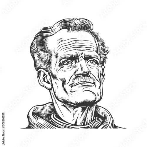 Elderly Man With Mustache Black And White Silhouette Illustration. Wisdom And Experience In Aging. Isolated Vector Illustration