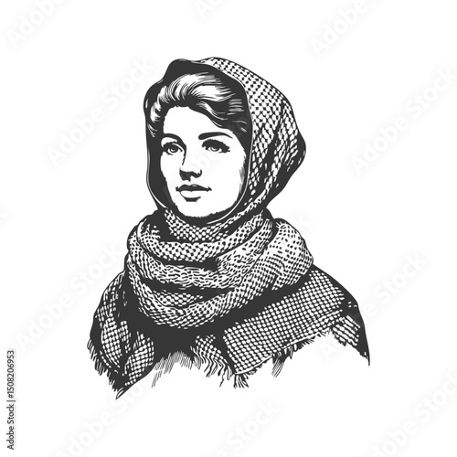 Woman In Headscarf And Shawl Black And White Silhouette Illustration. Traditional Fashion And Cultural Heritage. Isolated Vector Illustration