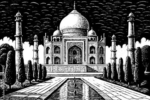 taj mahal in agra india black and white isolated hand drawn sketch vector