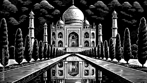 taj mahal in agra india black and white isolated hand drawn sketch vector