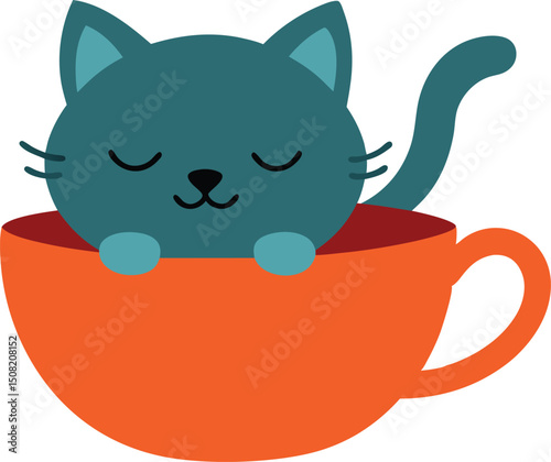 Sleepy cat in teacup in cozy and charming cartoon design vector art illustration