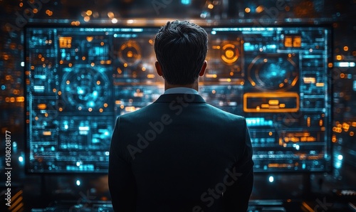 Businessman observing futuristic displays