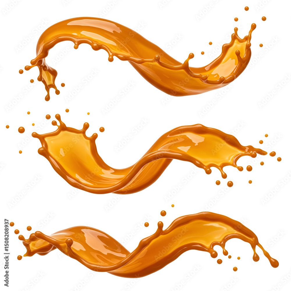Fototapeta premium Caramel liquid splashes in dynamic curved streams against a white background. Delicious caramel liquid in motion with an array of splashes and droplets.
